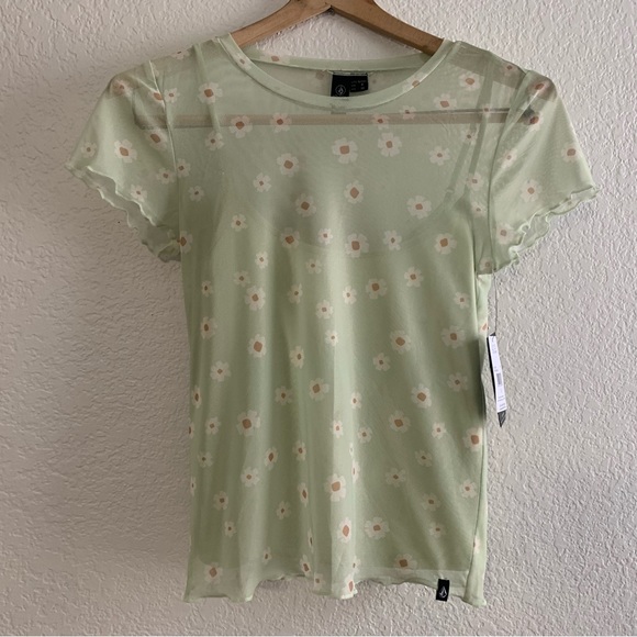 NWT Volcom Cryptogram Green Floral Daisy Print Mesh Crew Neck Baby Tee - Small - Picture 3 of 7